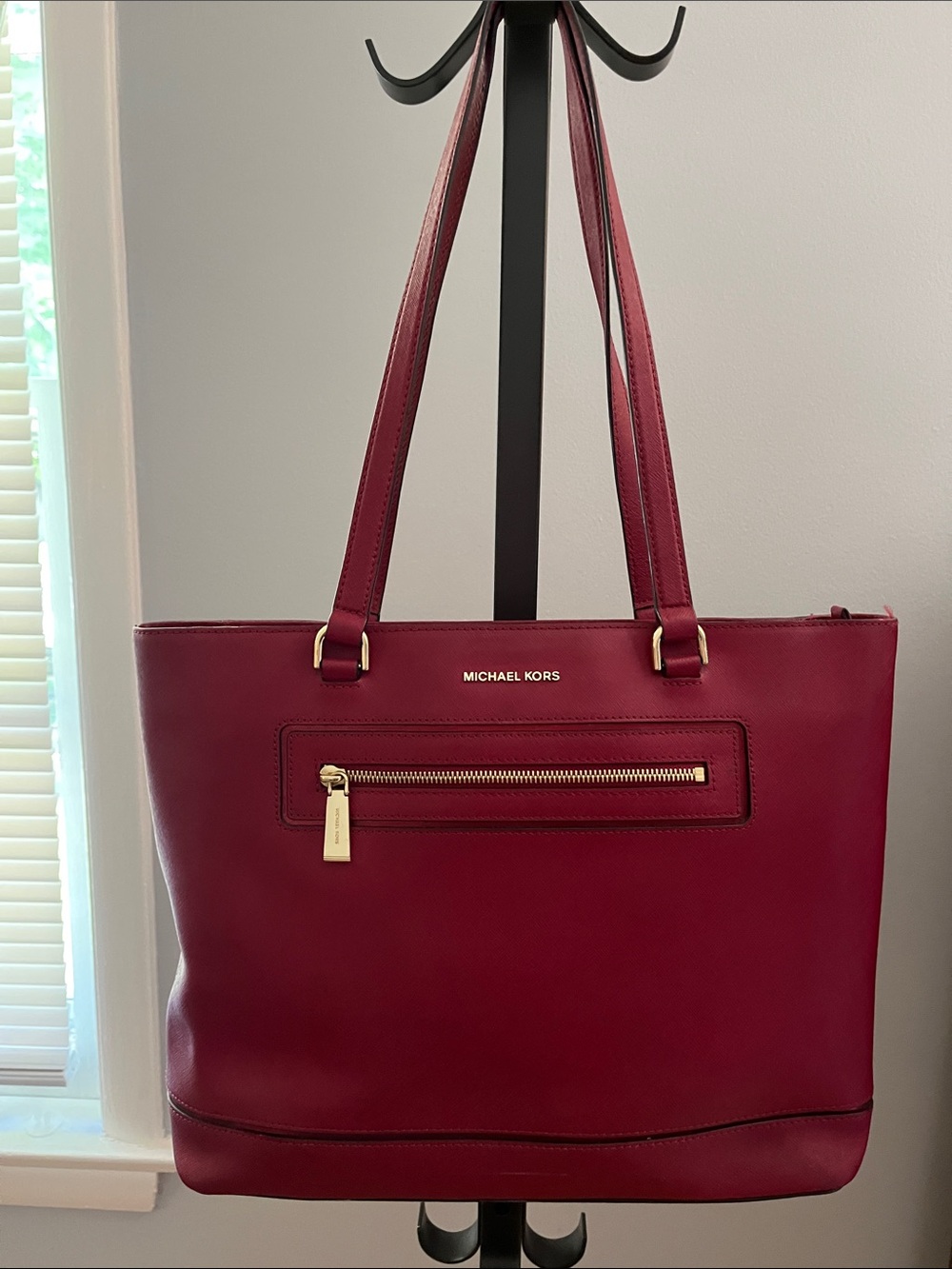 Michael Kors Saffiano Leather Jet Set Frame Tote Bag - Deep Cherry